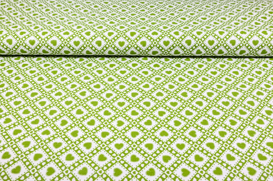 Dekoračná látka Bavlna Zelené srdiečka, š. 140 cm