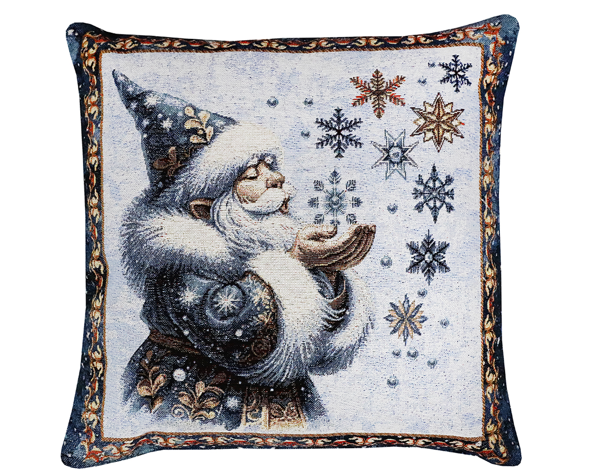 Vianočná gobelínová obliečka na vankúš s lurexom – Magický Santa a snehové vločky