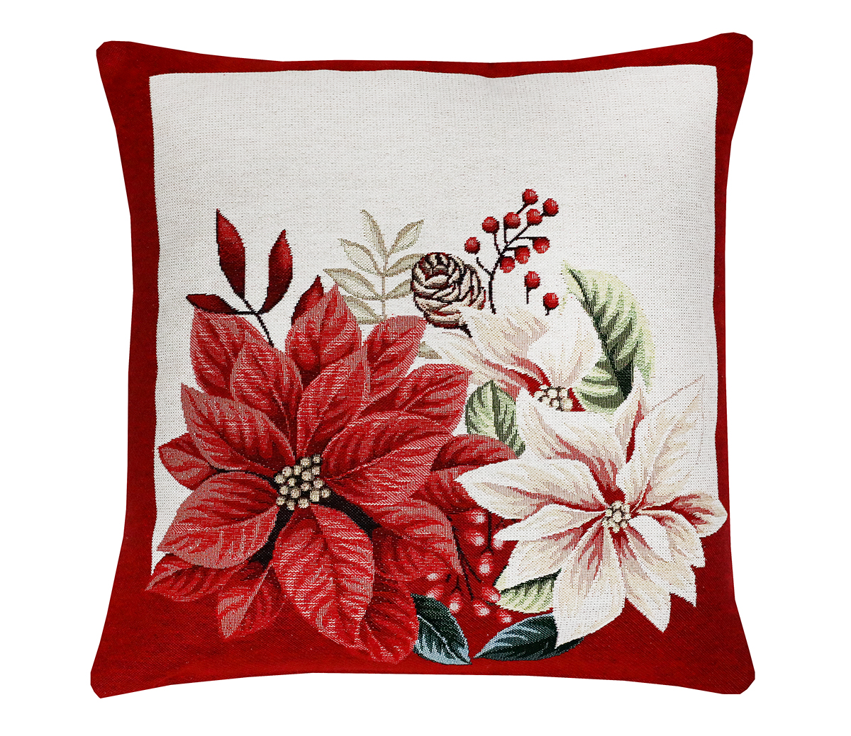 Vianočná gobelínová obliečka na vankúš s lurexom – červená a biela poinsettia