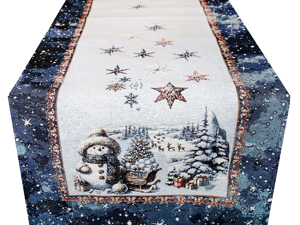 Luxusný vianočný gobelínový behúň na stôl s lurexom – Magický Santa a snehové vločky