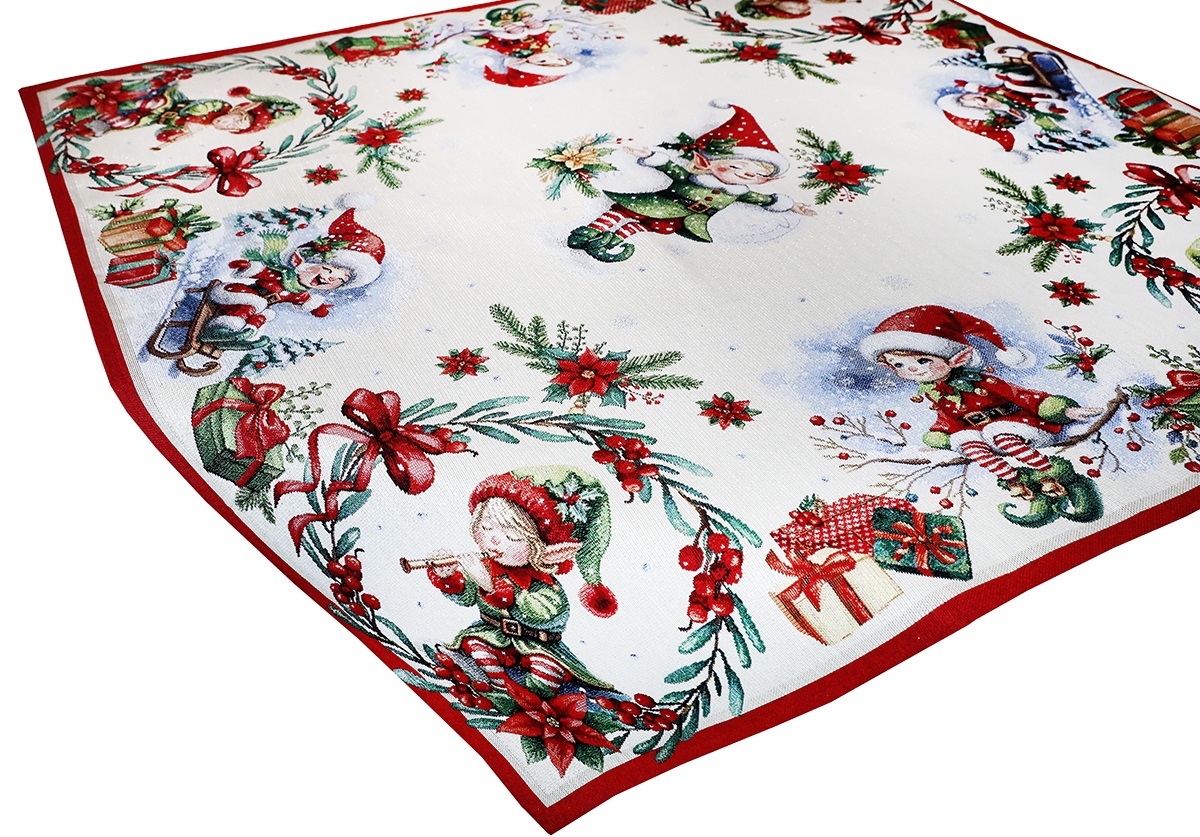 Vianočný gobelínový obrus so škriatkami – pretkávaný lurexom