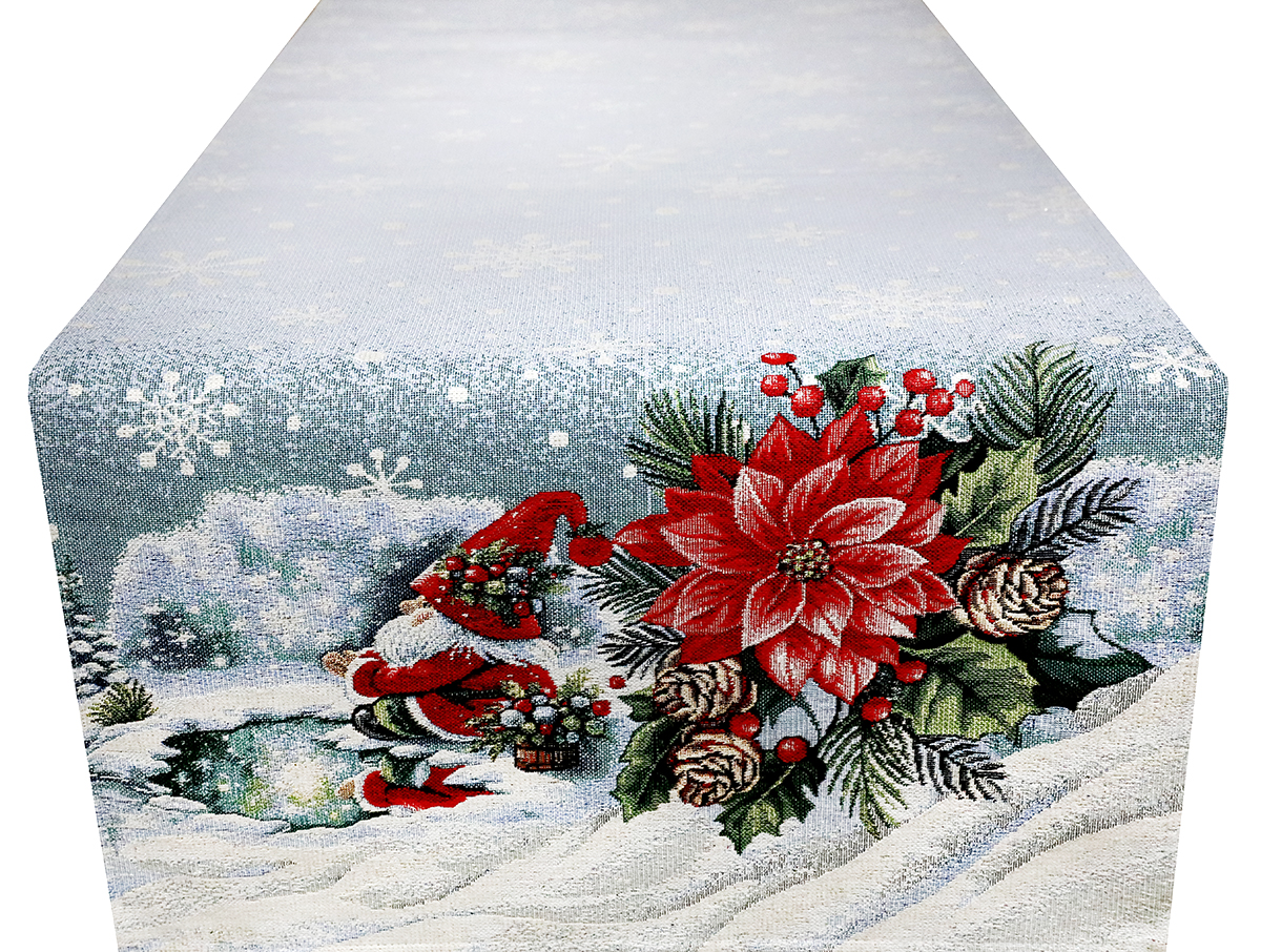 Vianočný gobelínový behúň na stôl s lurexom škriatok na korčuliach