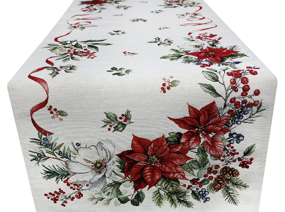 Vianočný gobelínový behúň nas stôl s lurexom Vianočné kvety a vetvičky