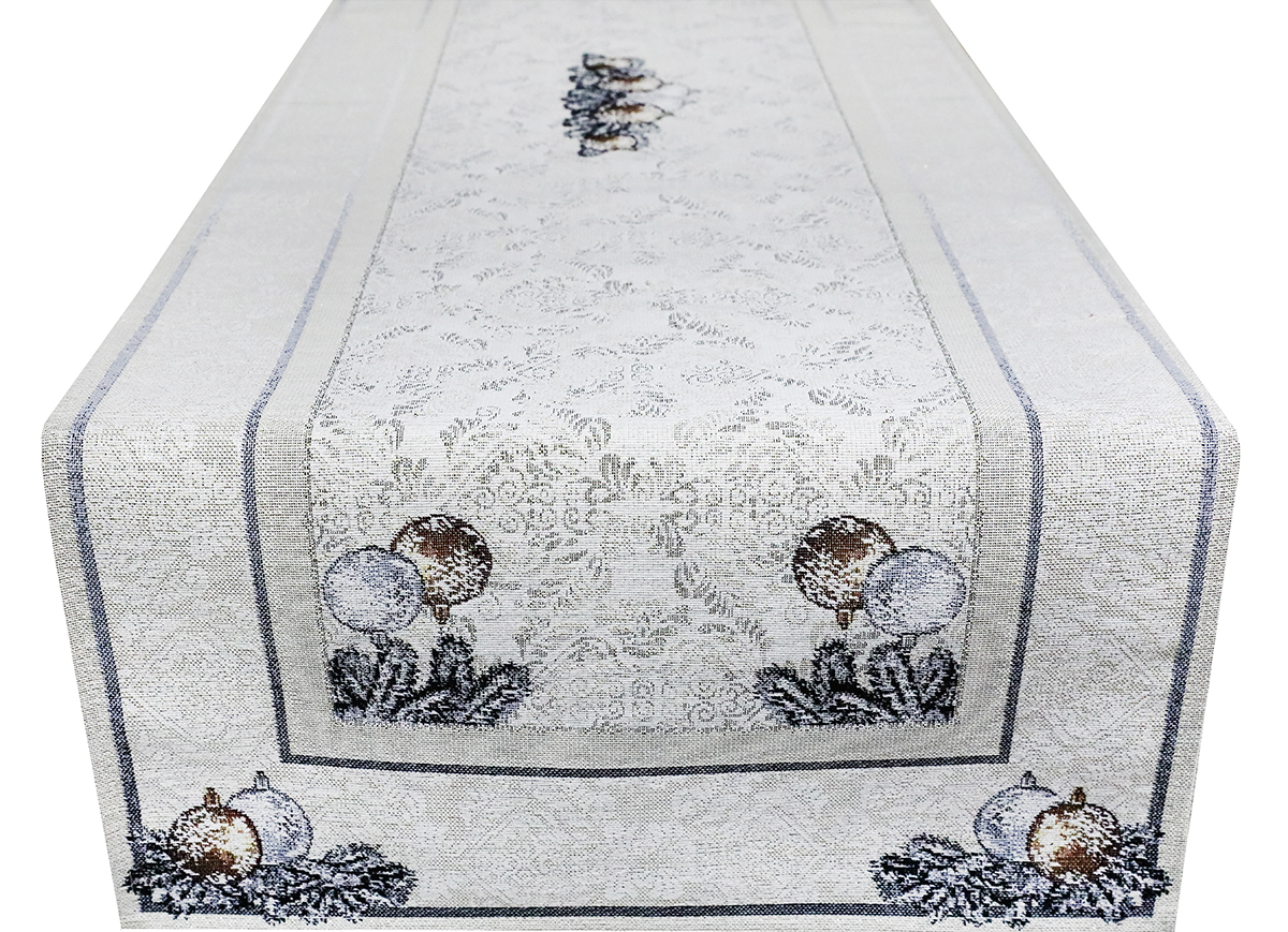 Vianočný gobelínový behún na stôl vianočné gule s lurexom